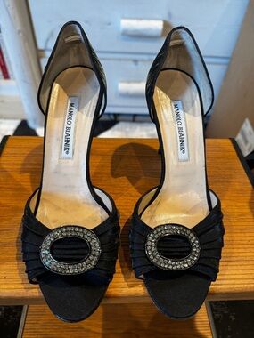 Signed by Manolo Blahnik Black Satin D'Orsay Heels with Crystal Buckle